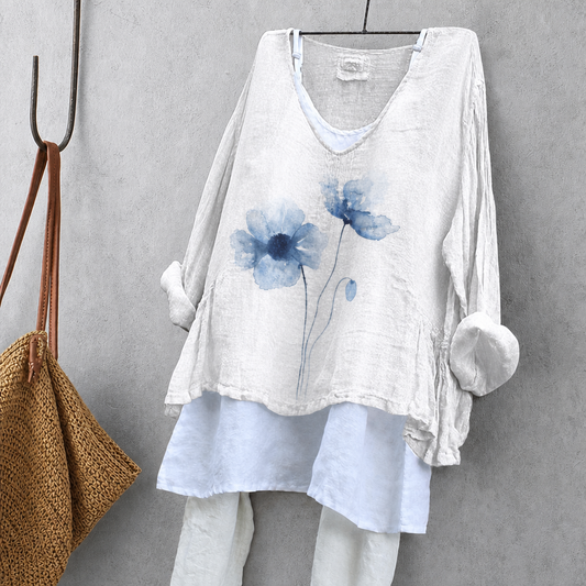 Watercolor Flower Print Tunic Blouse – Oversized Boho Top for Women