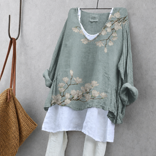 Magnolia Print Tunic Blouse – Oversized Boho Top for Women