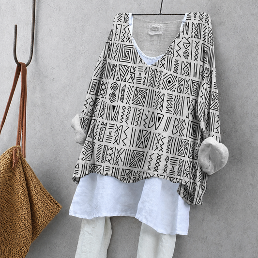 Geometric Pattern Print Tunic Blouse – Oversized Boho Top for Women