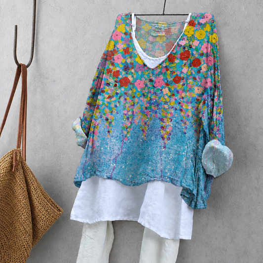 Flower Field Print Tunic Blouse – Oversized Boho Top for Women