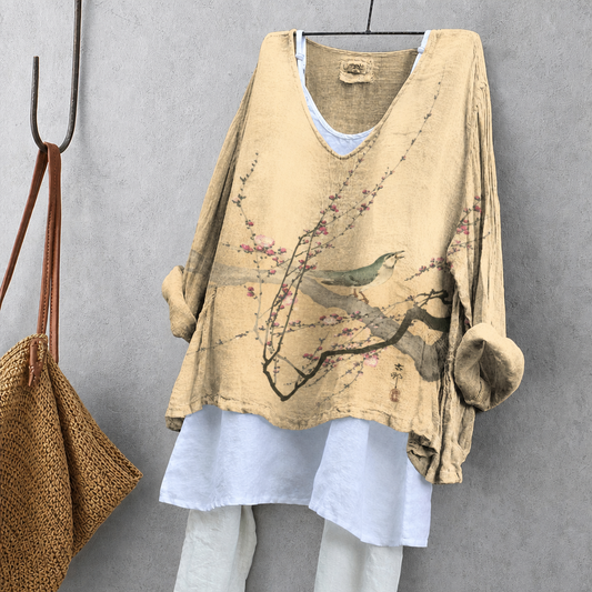 Plum Blossom & Nightingale Print Tunic Blouse – Oversized Boho Top for Women