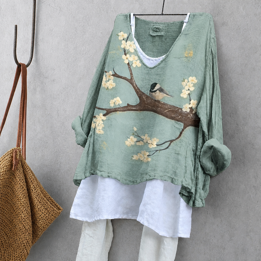White Plum & Bird Print Tunic Blouse – Oversized Boho Top for Women