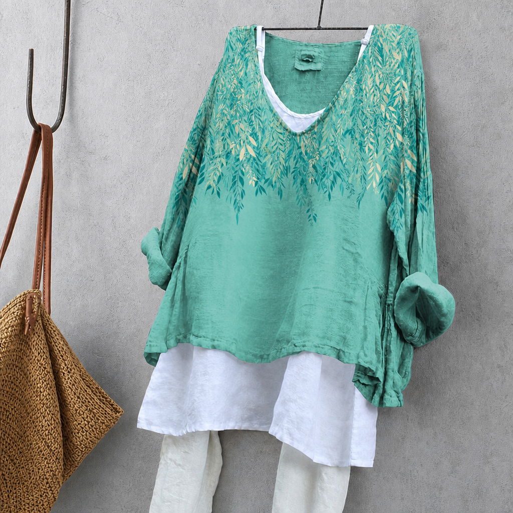 Willow Leaf Print Tunic Blouse – Oversized Boho Top for Women