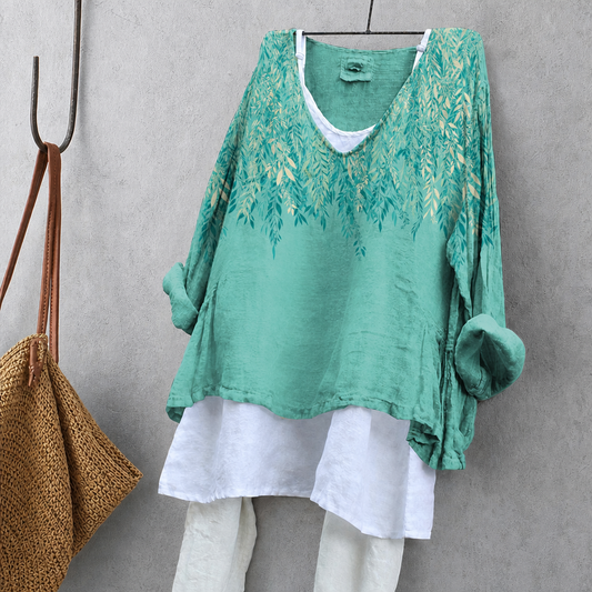 Willow Leaf Print Tunic Blouse – Oversized Boho Top for Women