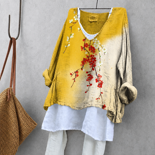 Red & White Plum Blossom Print Tunic Blouse – Oversized Boho Top for Women