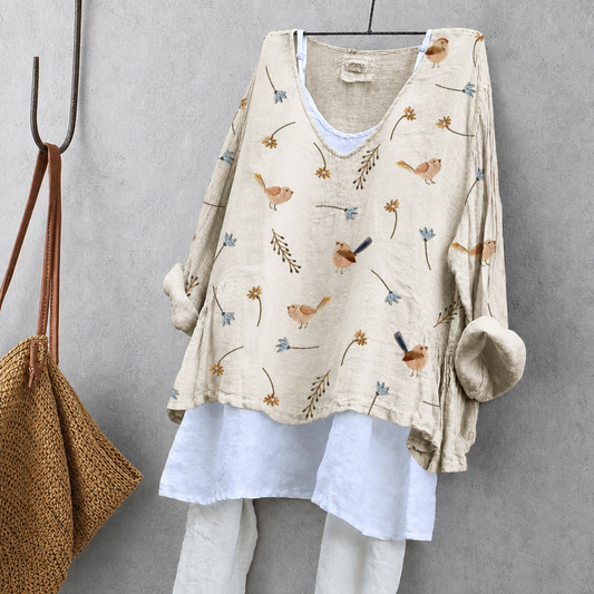 Little Birds & Flowers Print Tunic Blouse – Oversized Boho Top for Women