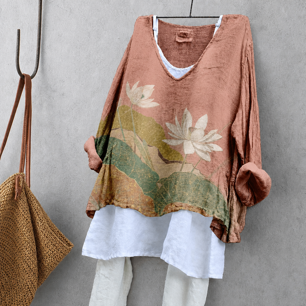 Lotus Flower Print Tunic Blouse – Oversized Boho Top for Women