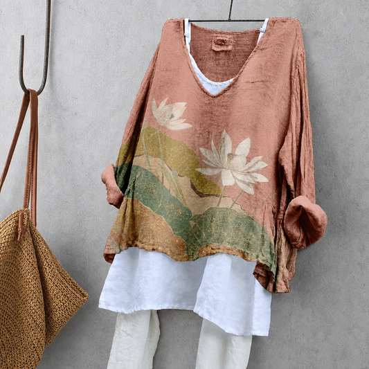 Lotus Flower Print Tunic Blouse – Oversized Boho Top for Women