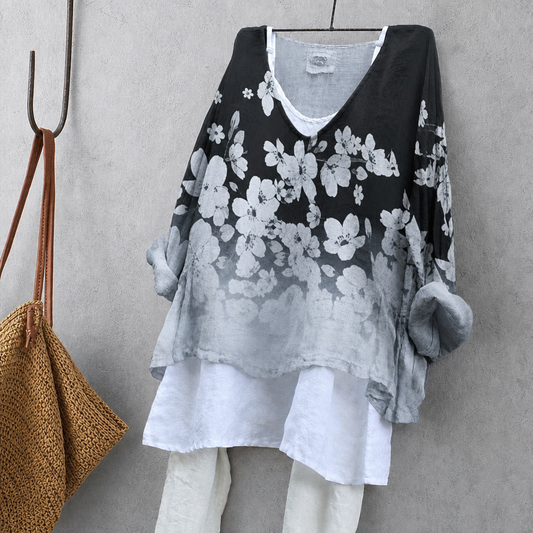 Gradient Flower Print Tunic Blouse – Oversized Boho Top for Women