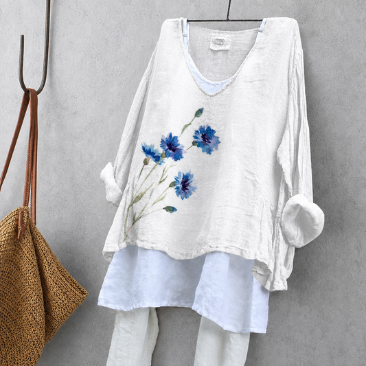 Aster Flower Print Tunic Blouse – Oversized Boho Top for Women
