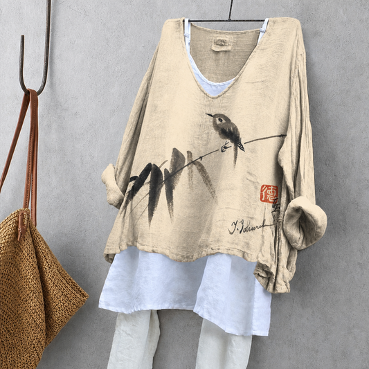 Ink Painting Birds & Bamboo Print Tunic Blouse – Oversized Boho Top for Women