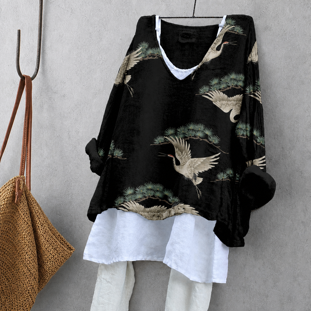 Pine & Crane Print Tunic Blouse – Oversized Boho Top for Women