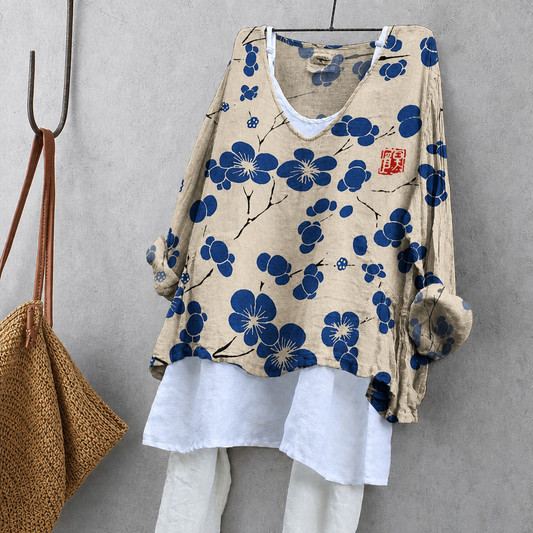 Plum Blossom Print Tunic Blouse – Oversized Boho Top for Women