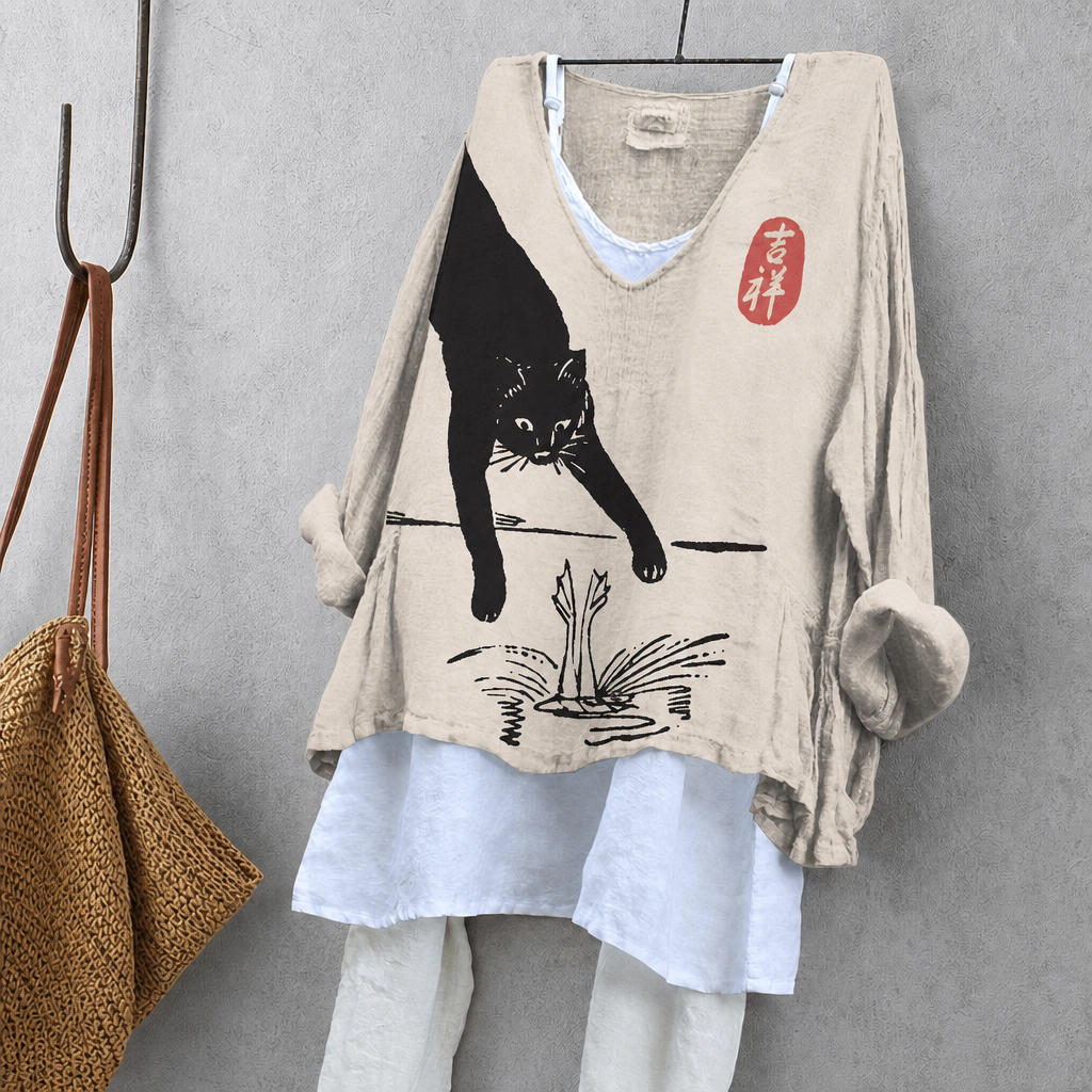 Ink Painting Cat Print Tunic Blouse – Oversized Boho Top for Women