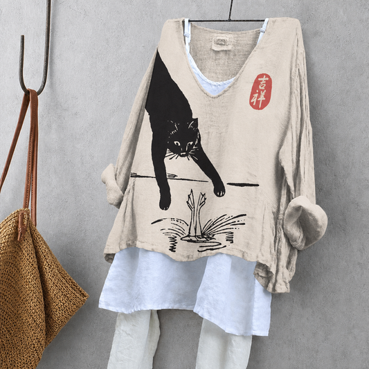 Ink Painting Cat Print Tunic Blouse – Oversized Boho Top for Women