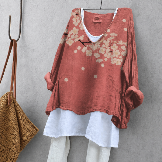 White Plum Blossom Print Tunic Blouse – Oversized Boho Top for Women