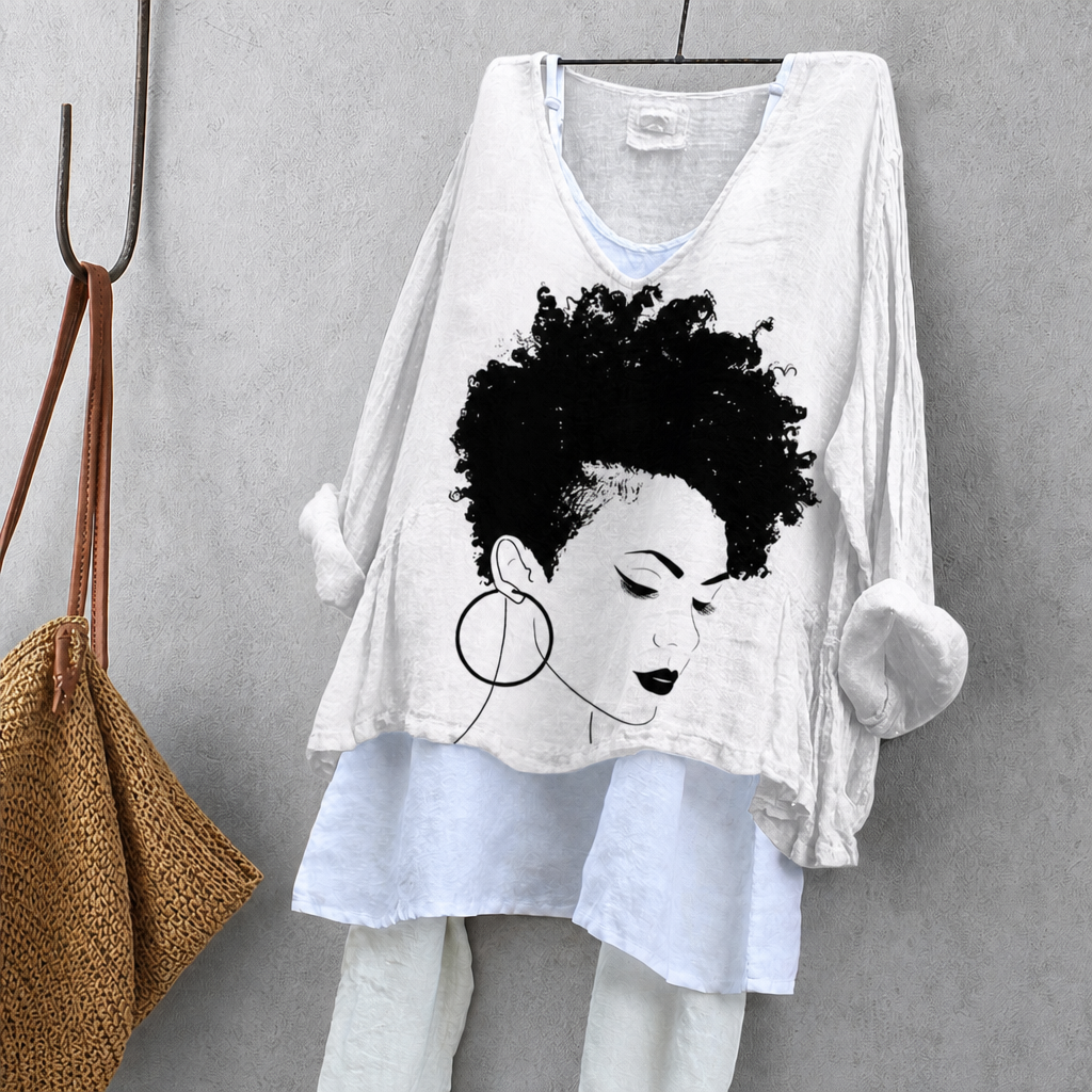 Curly-Haired Woman Portrait Print Tunic Blouse – Oversized Boho Top for Women
