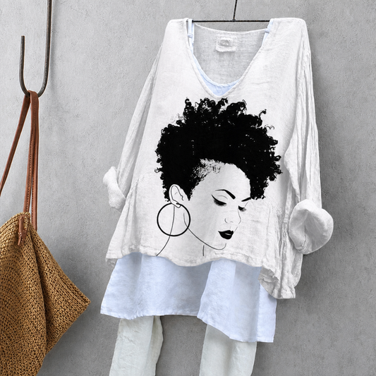 Curly-Haired Woman Portrait Print Tunic Blouse – Oversized Boho Top for Women