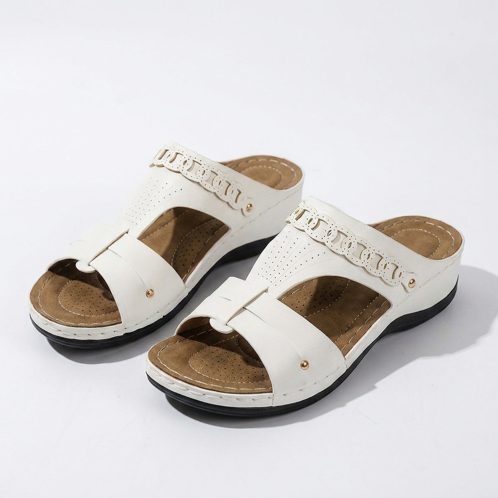 Kora | Orthopaedic Flat Faux Leather Sandals with Gold Details
